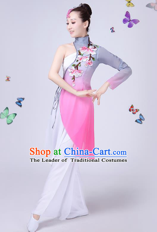 Traditional Chinese Classical Fan Dance Embroidered Peony Costume, China Yangko Folk Umbrella Dance Clothing for Women