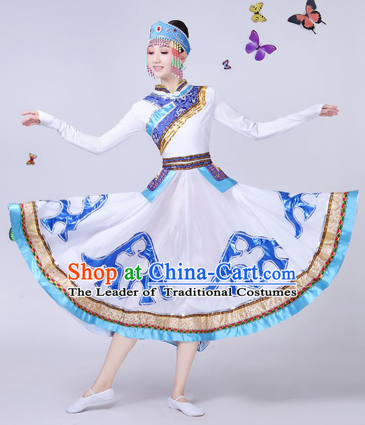 Traditional Chinese Mongol Nationality Dance Costume, Chinese Mongolian Minority Folk Dance Embroidery White Dress for Women