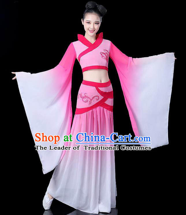 Traditional Chinese Classical Dance Embroidered Costume, China Yangko Fairy Folk Dance Pink Clothing for Women