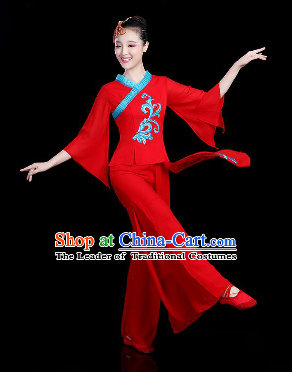 Traditional Chinese Classical Dance Red Uniform Fan Dance Costume, China Yangko Folk Umbrella Dance Clothing for Women