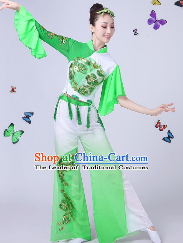 Traditional Chinese Classical Umbrella Dance Green Costume, China Yangko Folk Fan Dance Clothing for Women