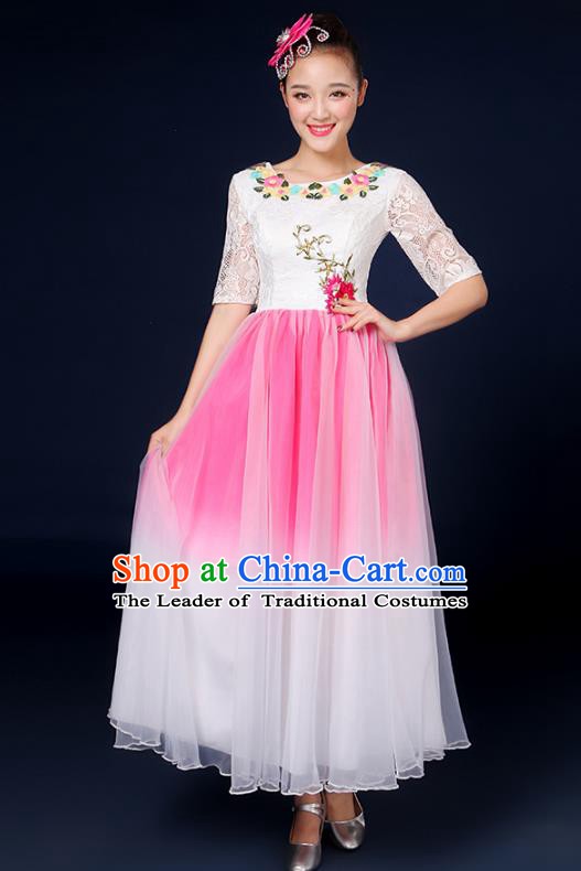 Traditional Chinese Modern Dance Opening Dance Clothing Chorus Classical Dance Lace Pink Dress for Women