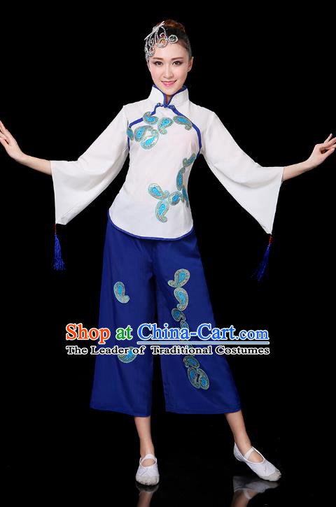 Traditional Chinese Yangge Fan Dance White Uniform, China Classical Folk Yangko Drum Dance Clothing for Women