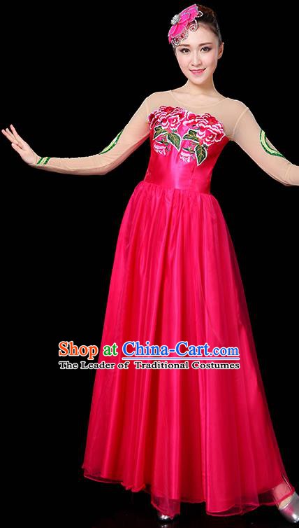 Traditional Chinese Modern Dance Opening Dance Clothing Chorus Classical Dance Embroidered Rosy Long Dress for Women