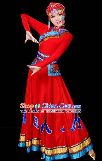 Traditional Chinese Mongol Nationality Dance Red Dress, Chinese Mongolian Minority Folk Dance Embroidery Clothing for Women