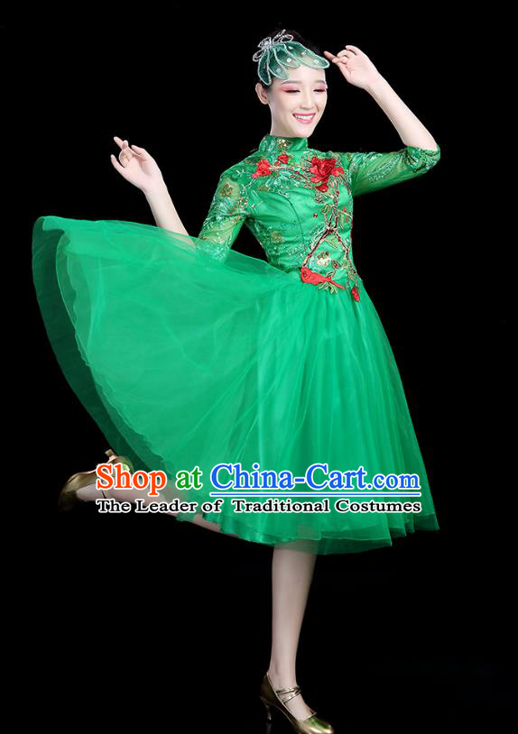 Traditional Chinese Modern Dance Opening Dance Clothing Chorus Competition Green Veil Bubble Dress for Women