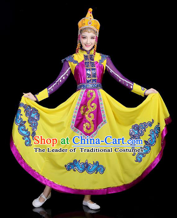 Traditional Chinese Mongol Nationality Dance Costume, Chinese Mongolian Minority Folk Dance Embroidery Clothing for Women