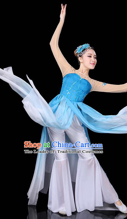 Traditional Chinese Modern Dance Opening Dance Clothing Chorus Yangko Fan Dance Blue Dress for Women