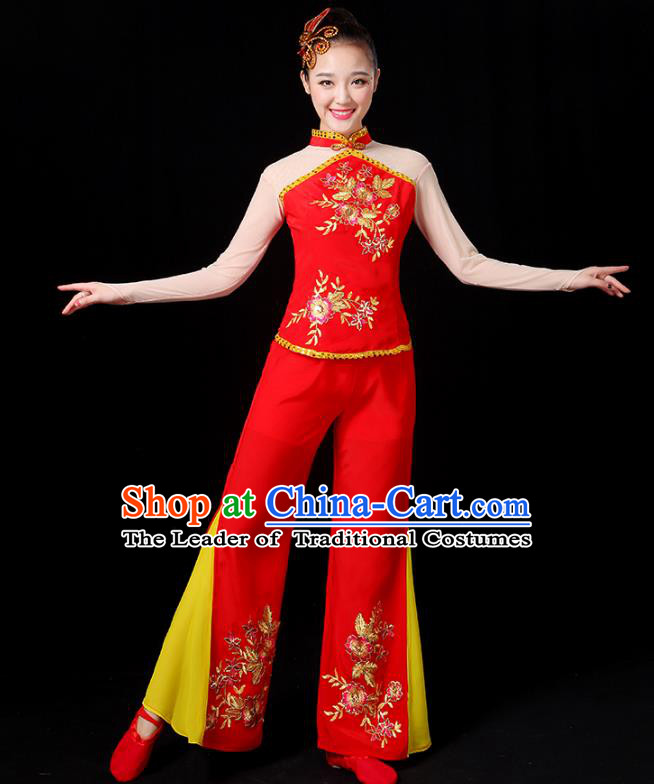 Traditional Chinese Yangge Fan Dance Embroidered Red Uniform, China Classical Folk Yangko Drum Dance Clothing for Women