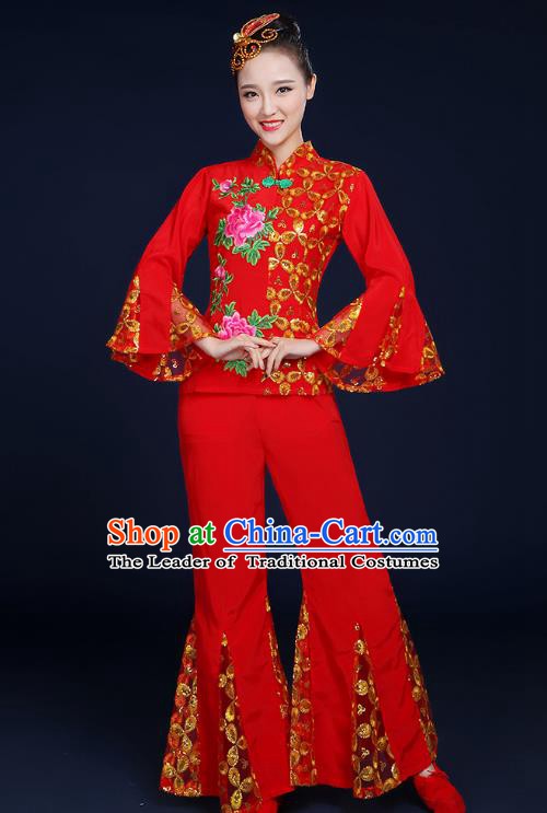 Traditional Chinese Folk Yangge Fan Classical Dance Embroidered Red Uniform, China Yangko Drum Dance Clothing for Women