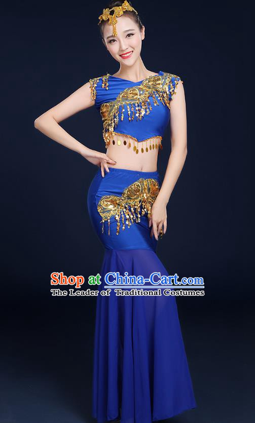 Traditional Chinese Dai Nationality Peacock Dance Costume, China Folk Dance Pavane Royalblue Dress for Women