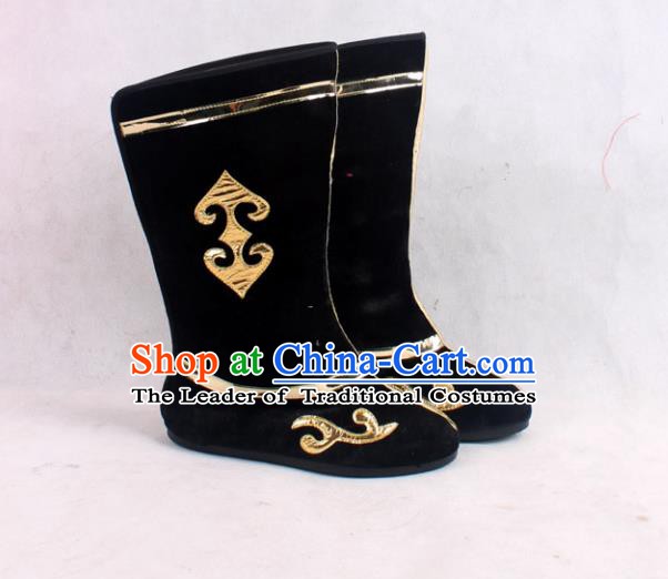 Asian Chinese Beijing Opera Embroidered Black Boots, Traditional China Peking Opera General Hanfu Shoes