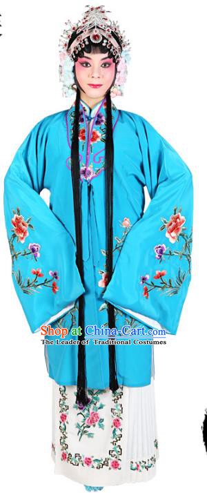 Chinese Beijing Opera Actress Embroidered Peony Costume, Traditional China Peking Opera Diva Embroidery Blue Clothing