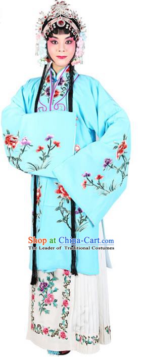 Chinese Beijing Opera Actress Embroidered Peony Costume, Traditional China Peking Opera Diva Embroidery Light Blue Clothing