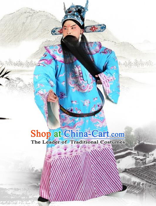 Chinese Beijing Opera Royal Highness Costume Blue Embroidered Robe, China Peking Opera Prime Minister Embroidery Gwanbok Clothing