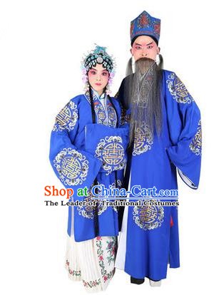 Chinese Beijing Opera Old Men and Women Embroidered Blue Costume, China Peking Opera Ministry Councillor Landlord Shiva Embroidery Clothing