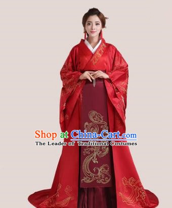 Traditional Chinese Han Dynasty Imperial Princess Wedding Costume, China Ancient Bride Hanfu Embroidered Clothing for Women