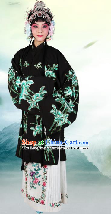 Chinese Beijing Opera Actress Embroidered Magnolia Black Costume, China Peking Opera Diva Embroidery Clothing