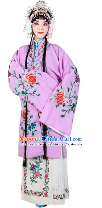 Chinese Beijing Opera Actress Embroidered Flowers Purple Costume, China Peking Opera Diva Embroidery Clothing