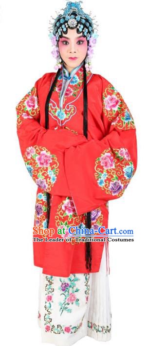 Chinese Beijing Opera Actress Embroidered Peony Flowers Red Costume, China Peking Opera Diva Embroidery Clothing