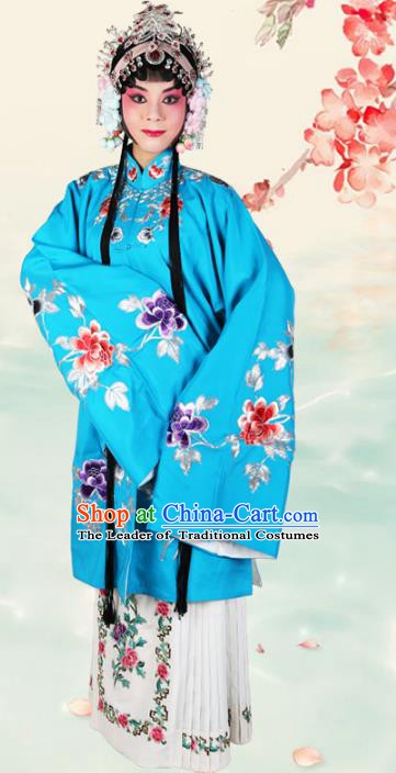 Chinese Beijing Opera Actress Embroidered Peony Blue Costume, China Peking Opera Diva Embroidery Clothing