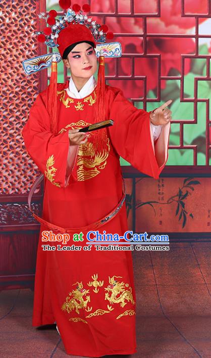 Chinese Beijing Opera Lang Scholar Costume Red Embroidered Robe, China Peking Opera Niche Clothing