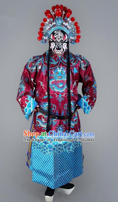 Chinese Beijing Opera Bao Zheng Costume Purple Embroidered Robe, China Peking Opera Prime Minister Embroidery Gwanbok Clothing