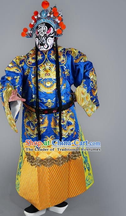 Chinese Beijing Opera Prime Minister Costume Blue Embroidered Robe, China Peking Opera Embroidery Dragon Gwanbok Clothing