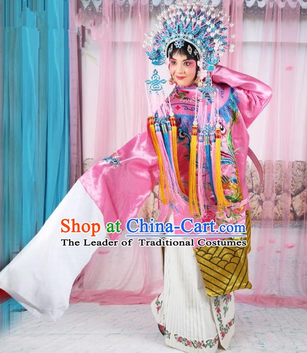 Chinese Beijing Opera Actress Imperial Empress Costume Pink Embroidered Robe, China Peking Opera Diva Queen Clothing