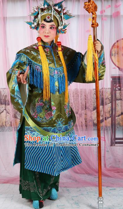 Chinese Beijing Opera Actress Old Women Costume Green Embroidered Robe, China Peking Opera Pantaloon Embroidery Clothing