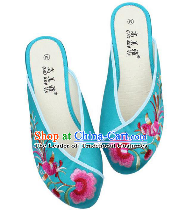 Traditional Chinese National Bride Lake Blue Satin Embroidered Shoes, China Handmade Embroidery Phoenix Peony Hanfu Slippers for Women