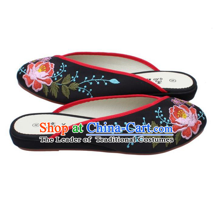 Traditional Chinese National Black Embroidered Shoes, China Handmade Embroidery Peony Hanfu Cloth Slippers for Women