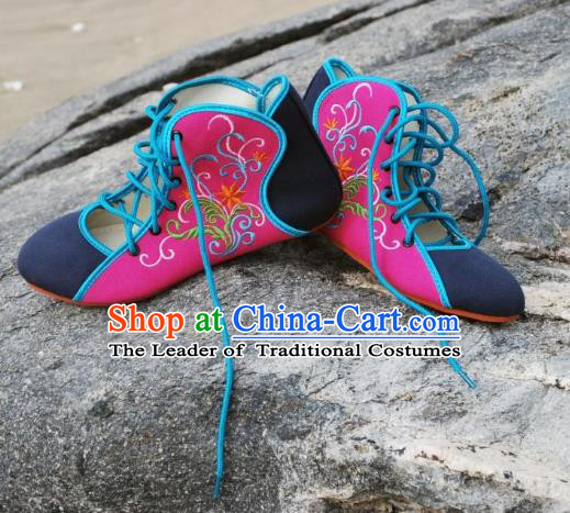 Traditional Chinese National Bride Embroidered Rosy Canvas Shoes, China Handmade Embroidery Flowers Plimsolls for Women