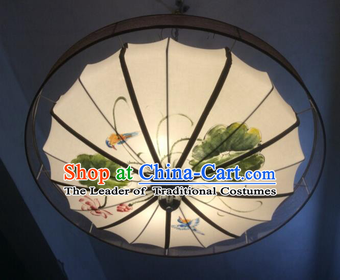 Traditional Chinese Handmade Painting Lotus Birds Palace Lantern China Ceiling Palace Lamp