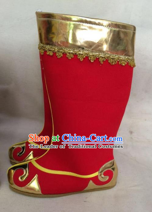 Traditional Chinese Ancient Peking Opera Takefu Embroidered Boots, China Handmade Hanfu Red Embroidery Shoes for Men