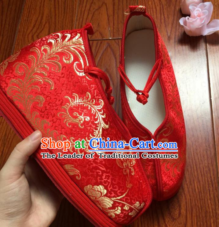 Traditional Chinese Ancient Han Dynasty Bride Red Embroidered Shoes, China Handmade Hanfu Wedding Embroidery Shoes for Women