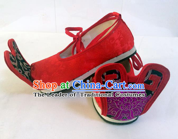 Traditional Chinese Ancient Han Dynasty Bridegroom Red Embroidered Shoes, China Handmade Hanfu Wedding Embroidery Shoes for Men