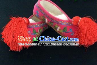 Traditional Chinese Ancient Rosy Blood Stained Shoes, China Handmade Peking Opera Diva Hanfu Embroidery Shoes for Women