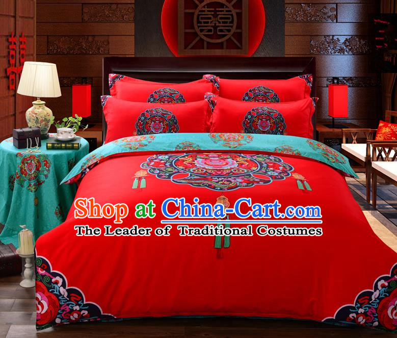 Traditional Chinese Style Wedding Bedding Set, China National Printing Red Textile Bedding Sheet Quilt Cover Complete Set