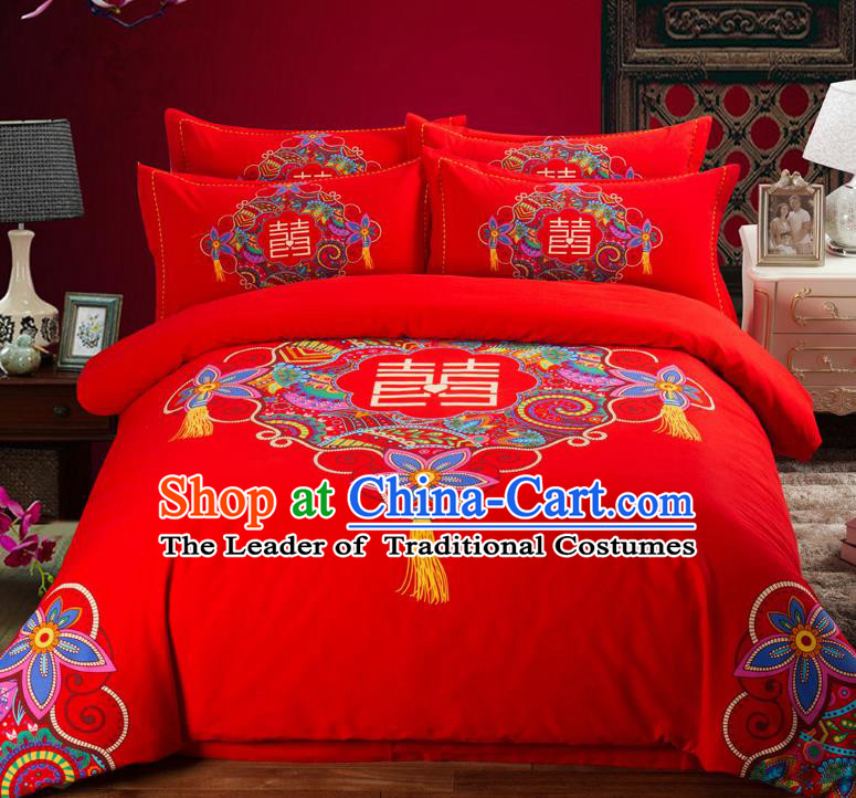 Traditional Chinese Style Wedding Bedding Set, China National Marriage Printing Xi Character Flowers Red Textile Bedding Sheet Quilt Cover Complete Set