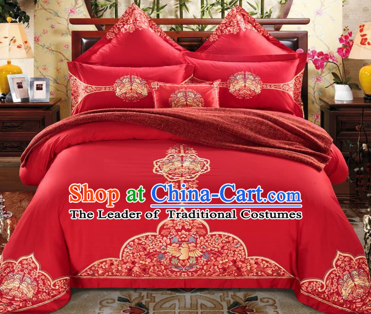 Traditional Chinese Style Wedding Bedding Set, China National Marriage Embroidery Red Textile Bedding Sheet Quilt Cover Seven-piece suit