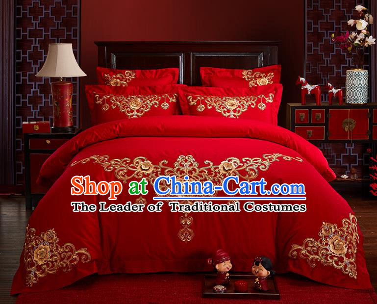 Traditional Chinese Style Wedding Bedding Set, China National Marriage Embroidery Red Textile Bedding Sheet Quilt Cover Seven-piece suit