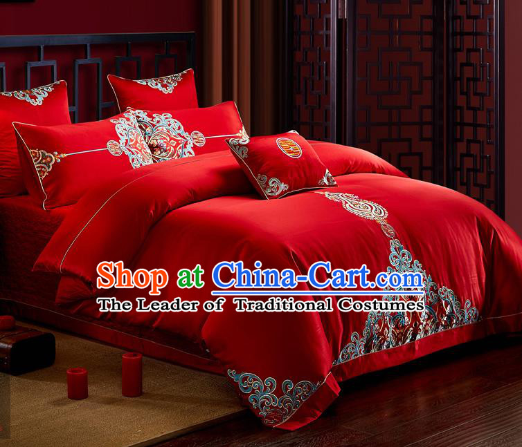 Traditional Chinese Style Wedding Bedding Set, China National Marriage Embroidery Red Textile Bedding Sheet Quilt Cover Seven-piece suit