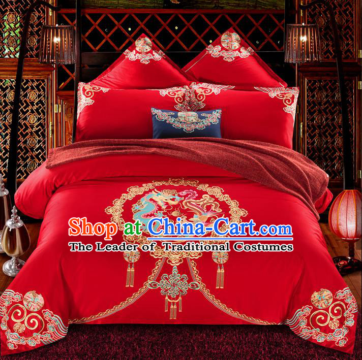 Traditional Chinese Style Wedding Bedding Set, China National Marriage Embroidery Dragon and Phoenix Red Textile Bedding Sheet Quilt Cover Seven-piece suit