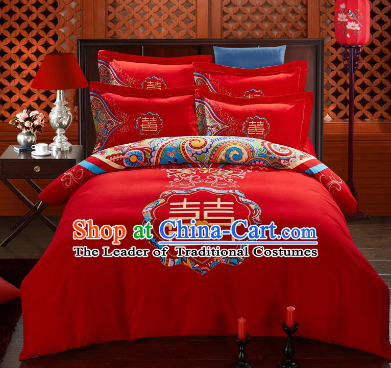 Traditional Chinese Style Wedding Bedding Set, China National Marriage Printing Xi character Red Textile Bedding Sheet Quilt Cover Seven-piece suit