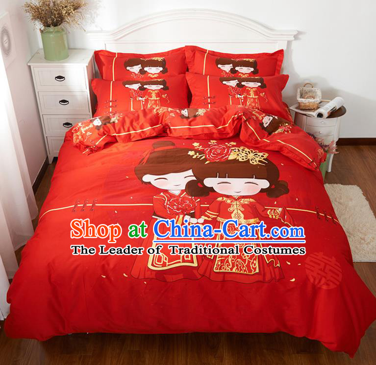 Traditional Chinese Style Wedding Bedding Set, China National Marriage Printing Bride Red Textile Bedding Sheet Quilt Cover Seven-piece suit