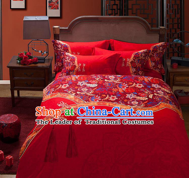 Traditional Chinese Style Wedding Bedding Set, China National Marriage Printing Flowers Red Textile Bedding Sheet Quilt Cover Seven-piece suit