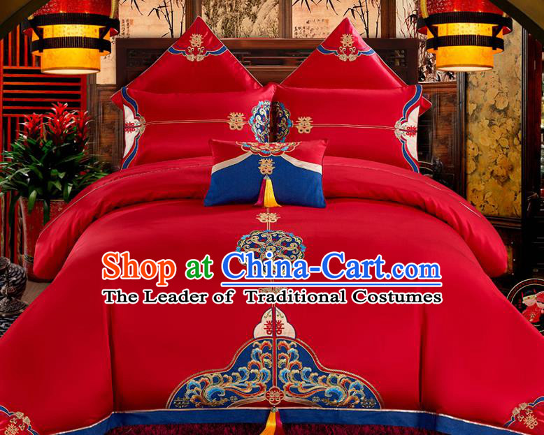 Traditional Chinese Style Wedding Bedding Set, China National Marriage Printing Red Textile Bedding Sheet Quilt Cover Four-piece suit