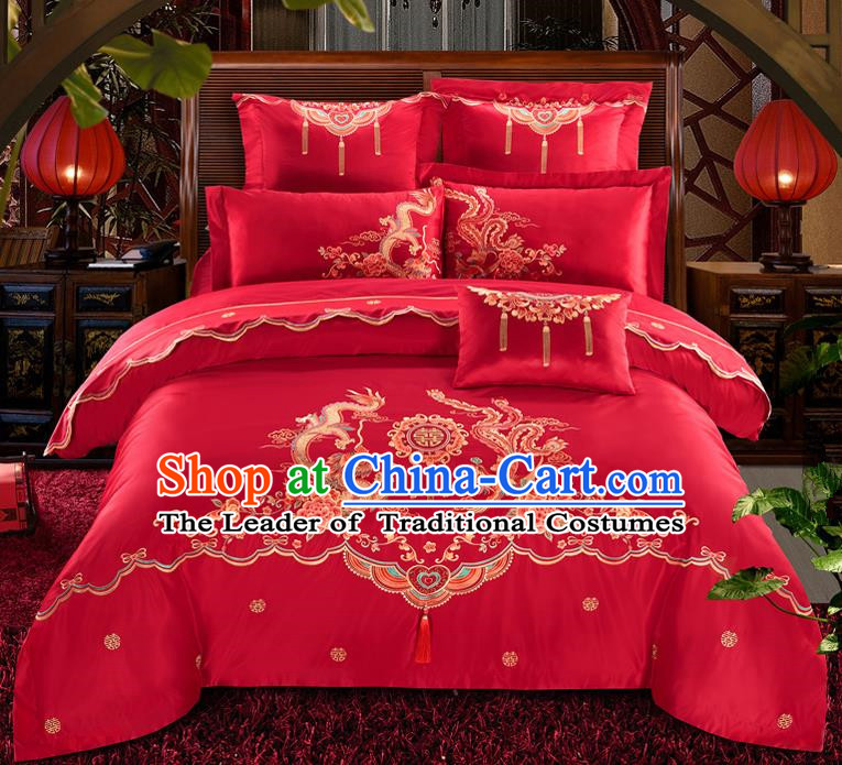 Traditional Chinese Style Wedding Bedding Set, China National Marriage Printing Dragon and Phoenix Red Textile Bedding Sheet Quilt Cover Seven-piece suit