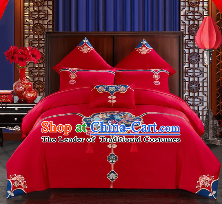 Traditional Chinese Style Wedding Bedding Set, China National Marriage Printing Twin Bliss Red Textile Bedding Sheet Quilt Cover Seven-piece suit